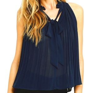 Navy Pleated Halter Top with Bow